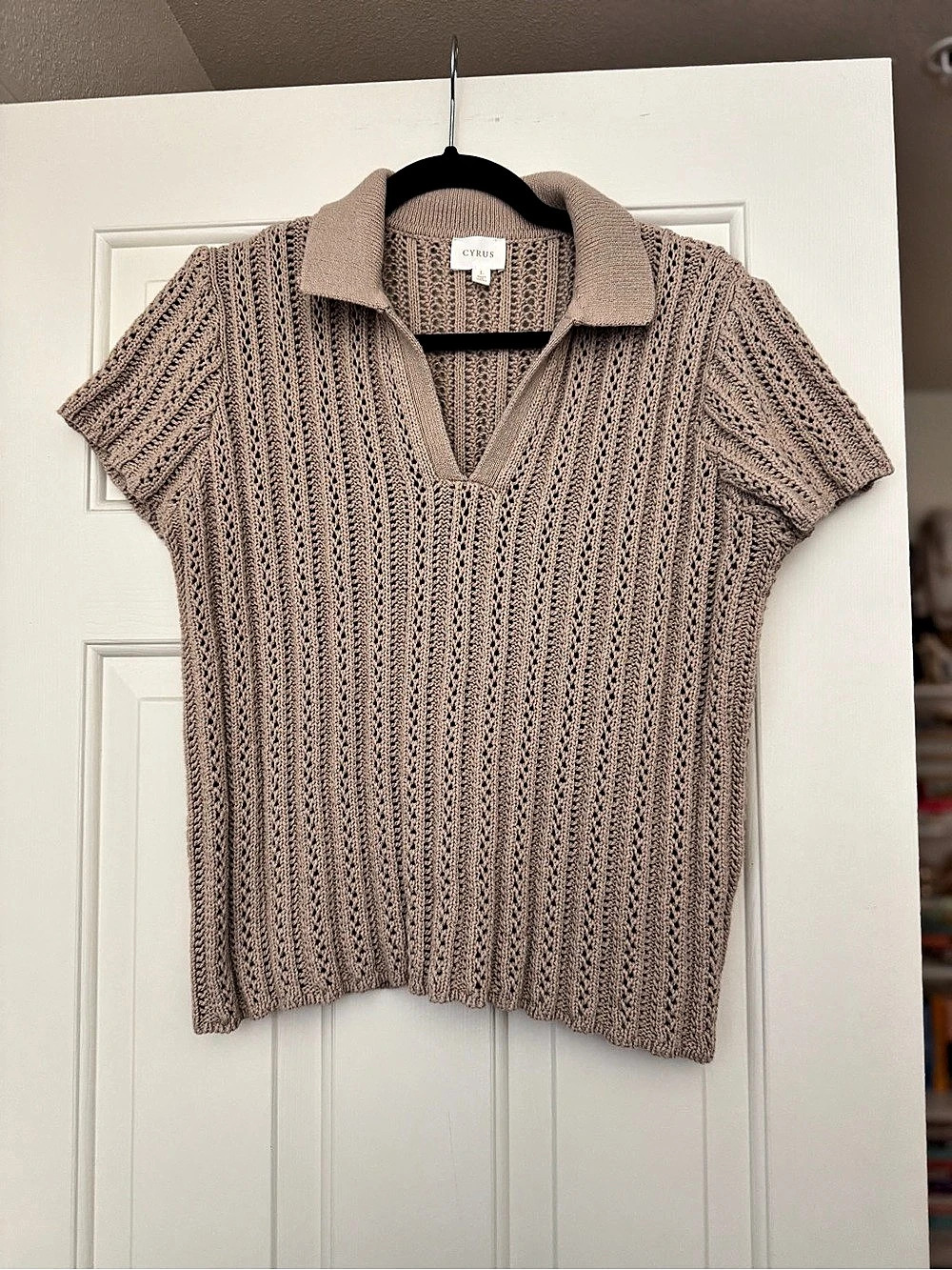 Cyrus V-Neck Knit Top in Beige Large Like New